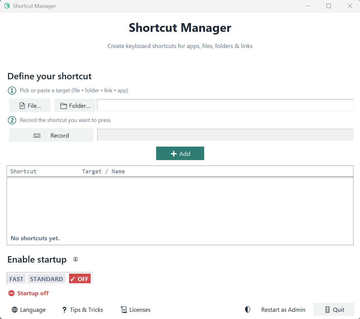 Shortcut Manager – main window (screenshot)